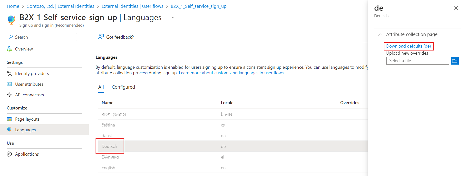 Screenshot: Herunterladen der JSON-Datei für die Standardsprachanpassung