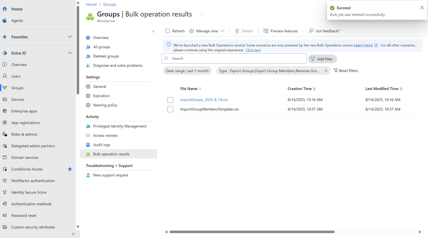 Screenshot einer Bestätigungsbenachrichtigung, die angibt, dass der Massenauftrag erfolgreich gelöscht wurde.