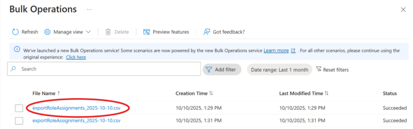 Screenshot des Herunterladens von Rollenzuweisungsergebnissen.