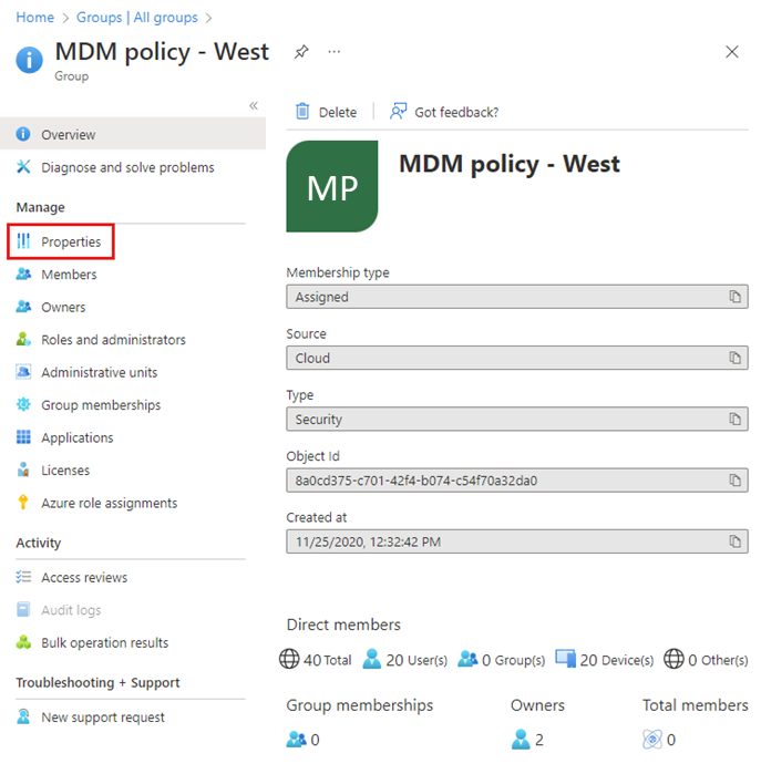 Screenshot: Übersichtsseite für „MDM policy – West“ (MDM-Richtlinie – Westen) mit Mitgliedsinformationen