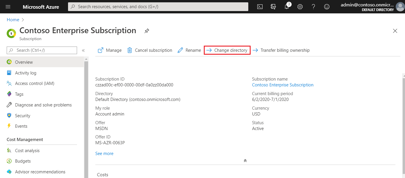 Screenshot that shows the Subscriptions page, with the Change directory option highlighted.
