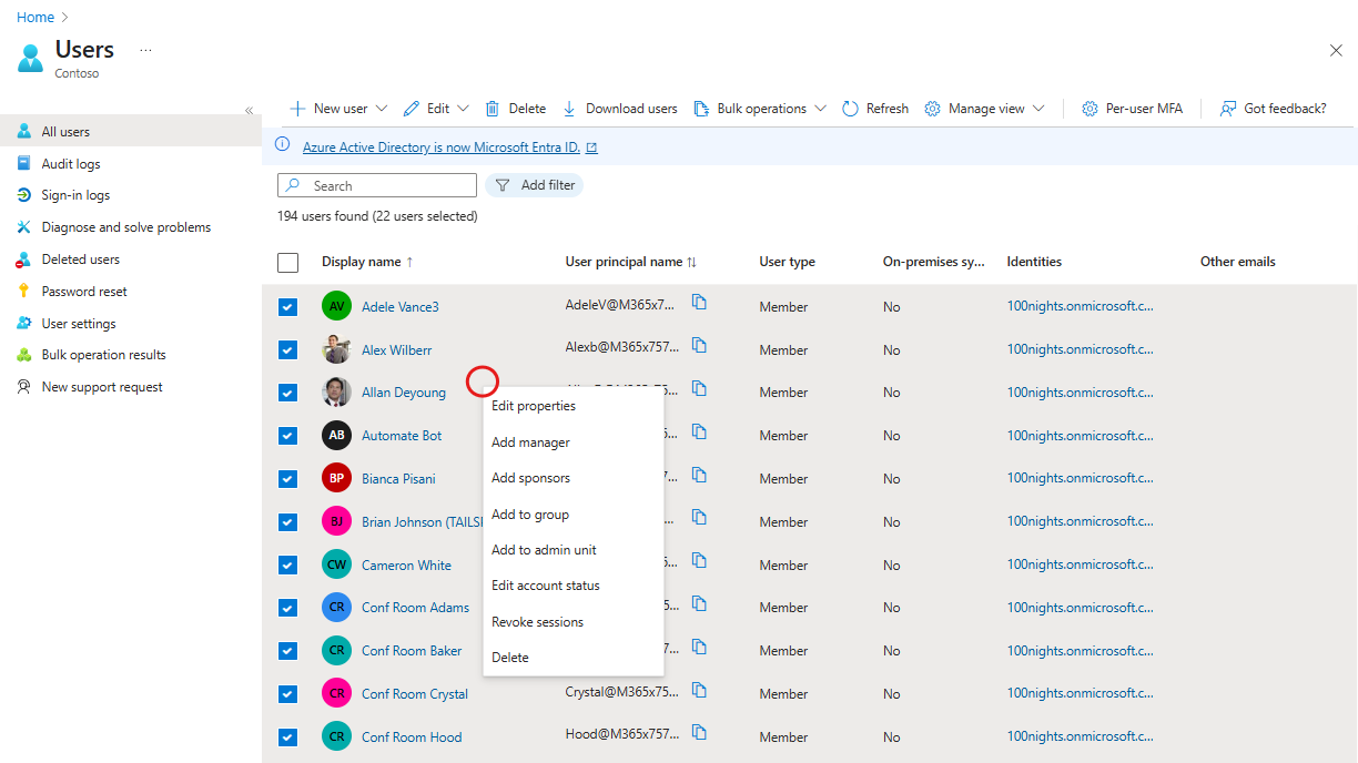 Screenshot der Bearbeitungsoptionen für mehrere Benutzereinstellungen im Microsoft Entra Admin Center.