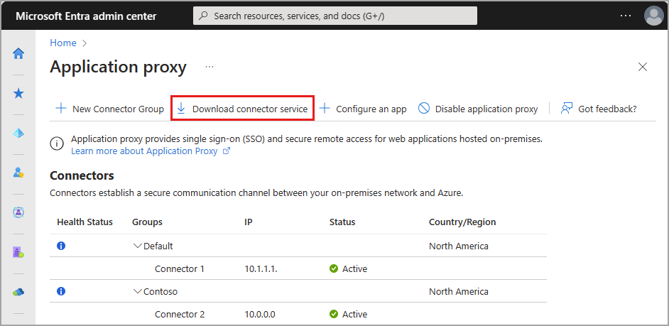 Screenshot: Schaltfläche „Connectordienst herunterladen“ auf der Seite „Anwendungsproxy“