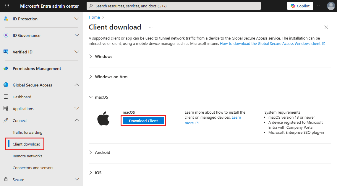 Screenshot des Bereichs für Clientdownloads. Die Schaltfläche 