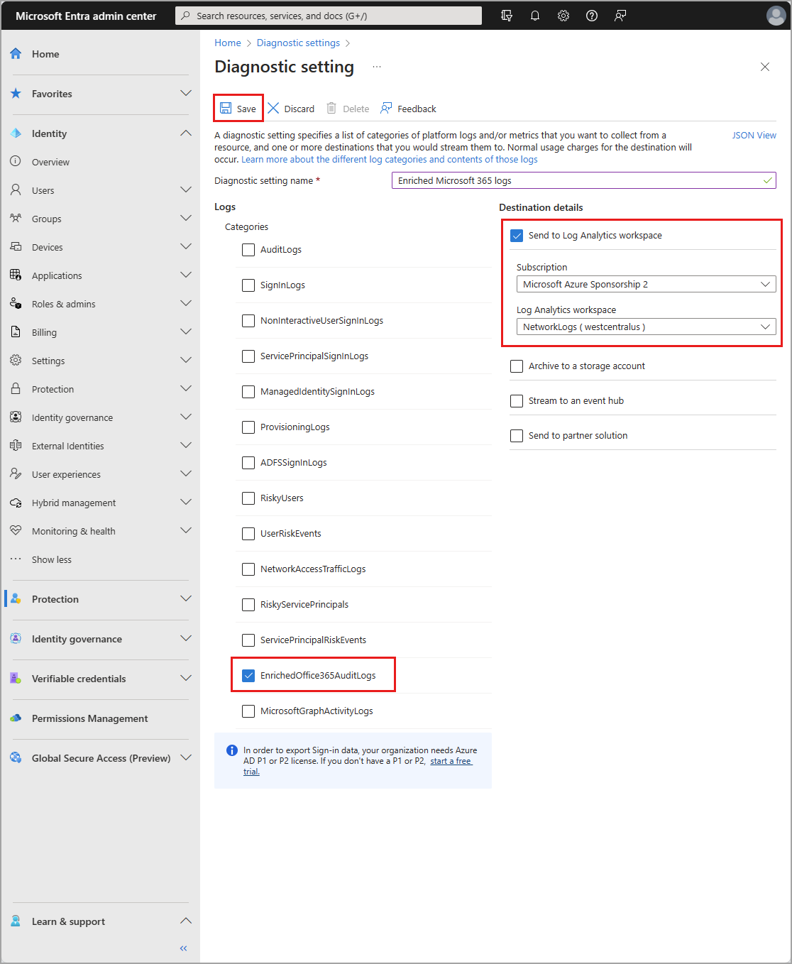 Screenshot: Microsoft Entra-Diagnoseeinstellungen mit hervorgehobenen angereicherten Protokollen und Log Analytics-Optionen