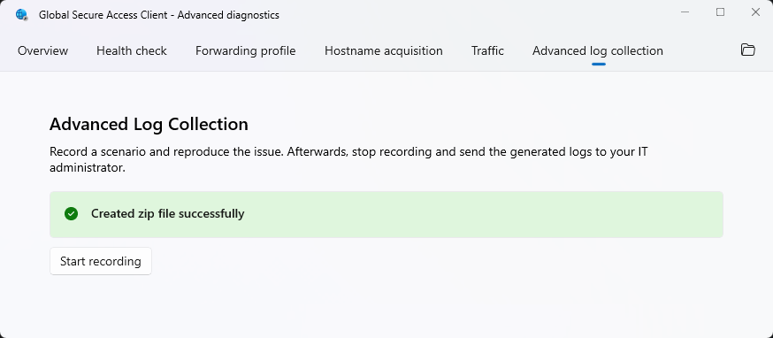 Screenshot des Global Secure Access Client - Dialogfeld für erweiterte Diagnose auf der Registerkarte für erweiterte Protokollsammlung.