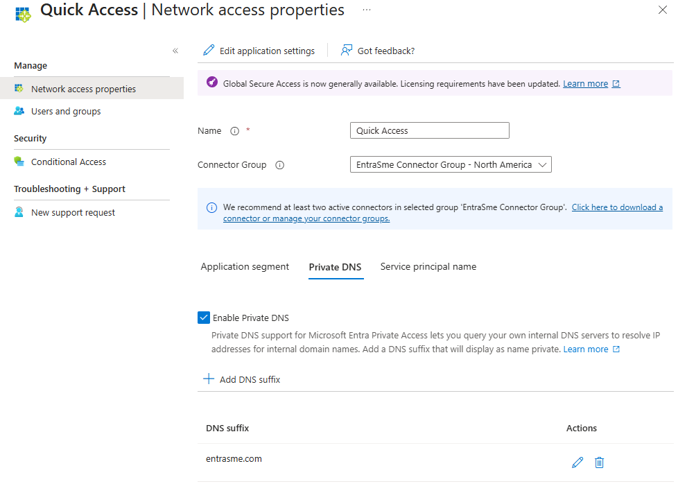 Screenshot des Konfigurationsbereichs für private DNS-Suffixe.