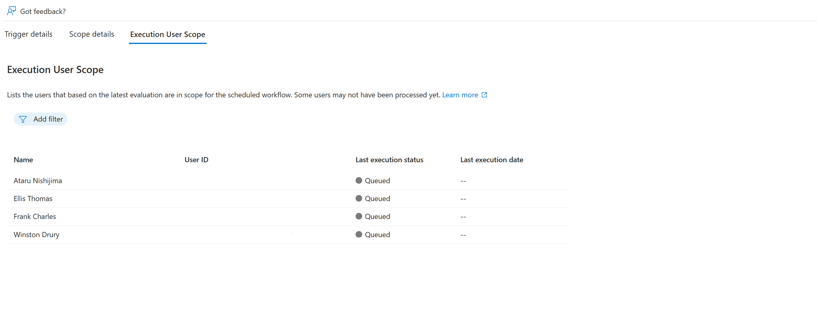 Screenshot einer Liste der Benutzer im Bereich der Ausführungsbedingungen des Workflows.
