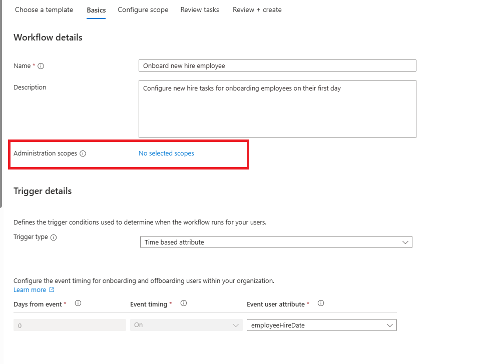 Screenshot der Einstellung des Administratorbereichs eines neuen Workflows.