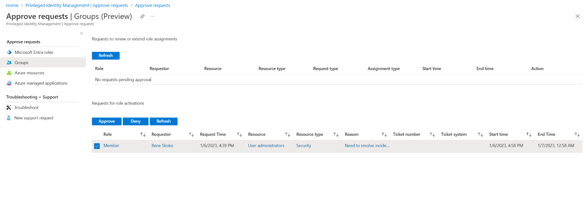 Screenshot: Anforderungen für Rollenaktivierungen.