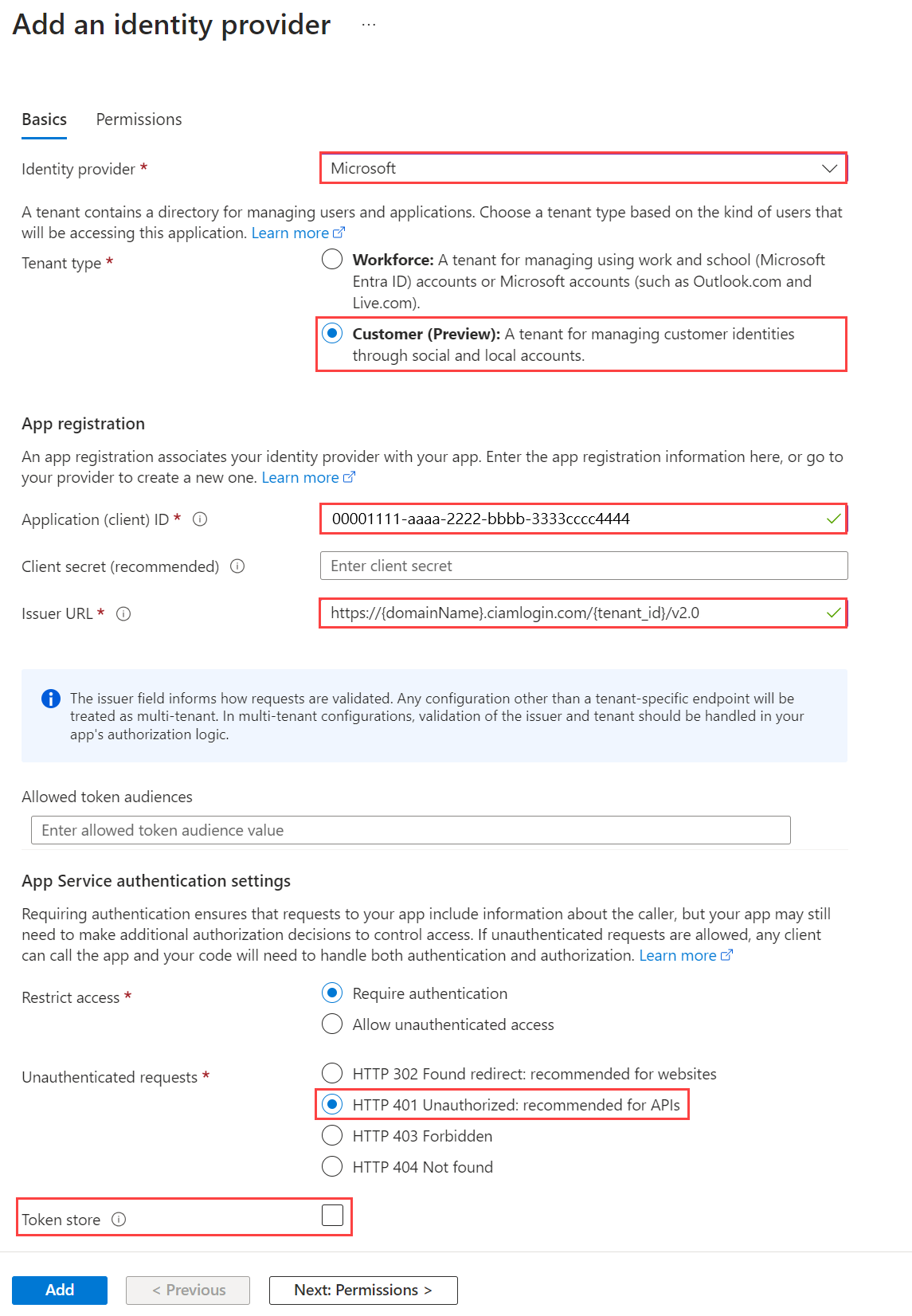 Screenshot, der zeigt, wie Sie Ihrer Funktions-App in einem externen Mandanten eine Authentifizierung hinzufügen.