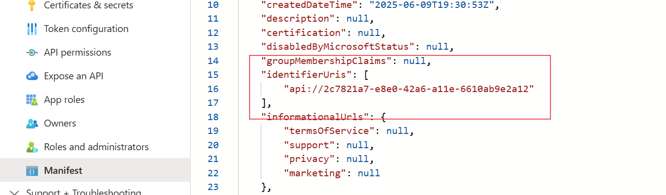 Screenshot der Bezeichner-URI-Änderung im Manifest-Editor.