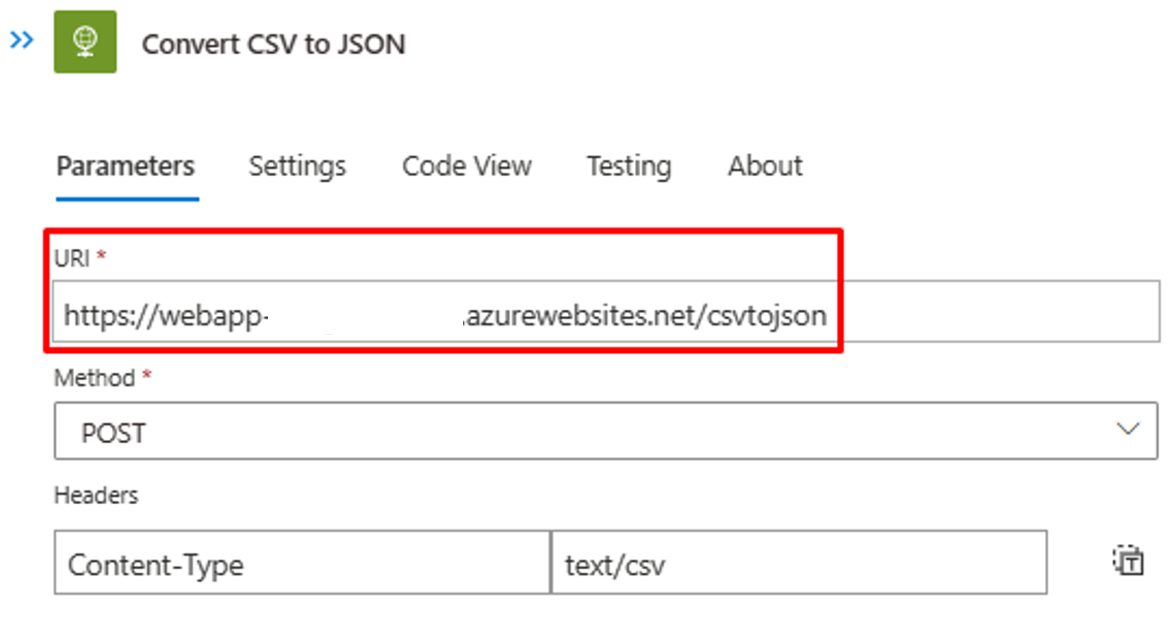 Screenshot of Azure Function call invocation to convert from CSV to JSON.