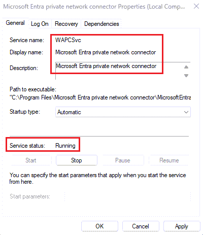 Ein Screenshot, der den Status des Microsoft Entra privaten Netzwerkconnectors als 