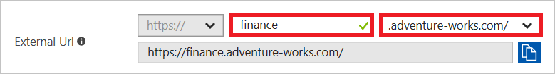 Beispiel: Im Feld „Externe URL“ „finance“ anstelle eines Platzhalters festlegen
