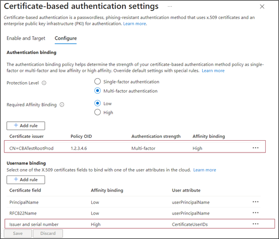 Screenshot des Zertifikatausstellers und der Seriennummer, die dem Microsoft Entra Admin Center hinzugefügt wurden.