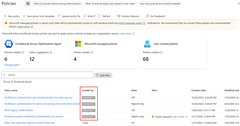 Screenshot der Richtlinien für den bedingten Zugriff mit hervorgehobenen von Microsoft verwalteten Richtlinien.