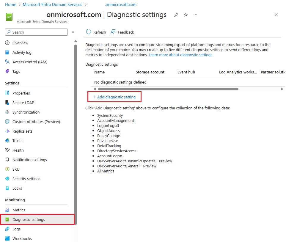 Hinzufügen einer Diagnoseregel für Microsoft Entra Domain Services