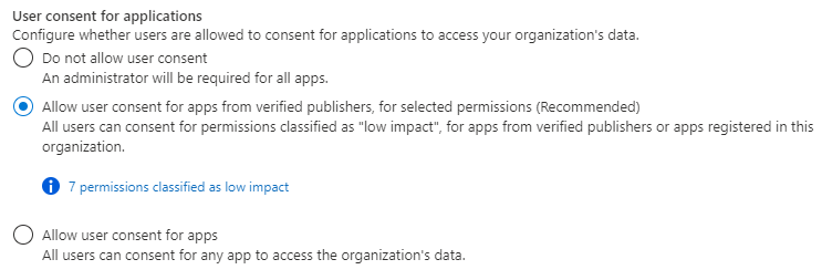 Screenshot of the 'User consent settings' pane.