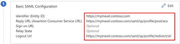Screenshot der Eingabe für „Grundlegende SAML-Konfiguration“ für u. a. Bezeichner, Antwort-URL, Anmelde-URL und Abmelde-URL