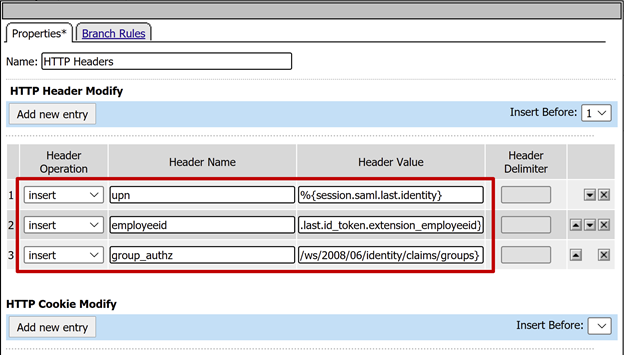 Screenshot der Headereingabe unter „HTTP Header Modify“ (HTTP-Header ändern) auf der Registerkarte „Properties“ (Eigenschaften).