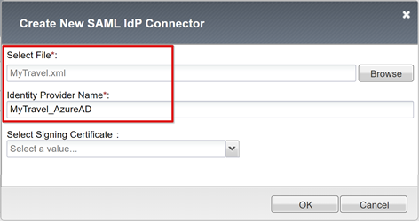 Screenshot der Eingaben in „Select File“ (Datei auswählen) und „Identity Provider Name“ (Name des Identitätsanbieters) unter „Create New SAML IdP Connector“ (Neuen SAML-IdP-Connector erstellen).