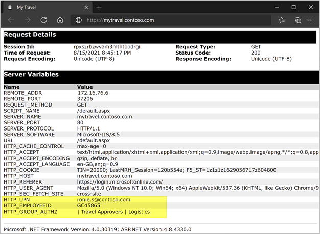 Screenshot mit Servervariablen wie UPN, Employee ID (Mitarbeiter-ID) und Group Authorization (Gruppenautorisierung).