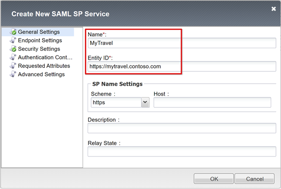 Screenshot der Eingabe in „Name“ und „Entity ID“ (Entitäts-ID) im Dialogfeld „Create New SAML SP Service“ (Neuen SAML-SP-Dienst erstellen).