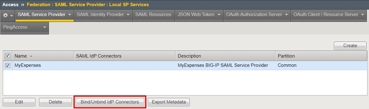 Screenshot der Option „IdP-Connectors binden/Bindung der IdP-Connectors aufheben“ unter „SAML-Dienstanbieter“ unter „Lokale SP-Dienste“.