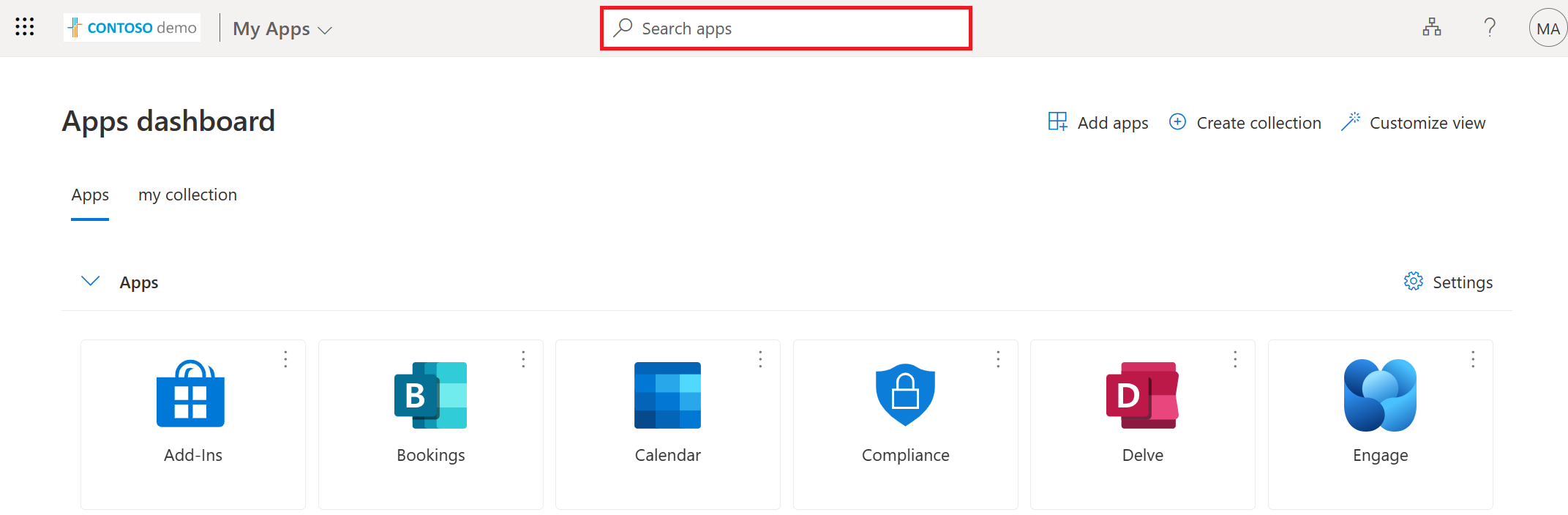 Der Screenshot, der das Suchfeld für das Portal „Meine Apps“ zeigt.