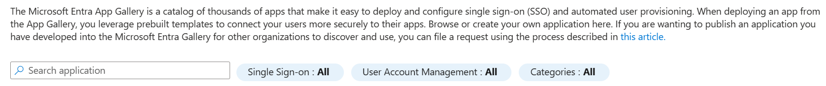 Screenshot der Suchoptionen im Bereich des Microsoft Entra-Anwendungskatalogs im Microsoft Entra Admin Center.