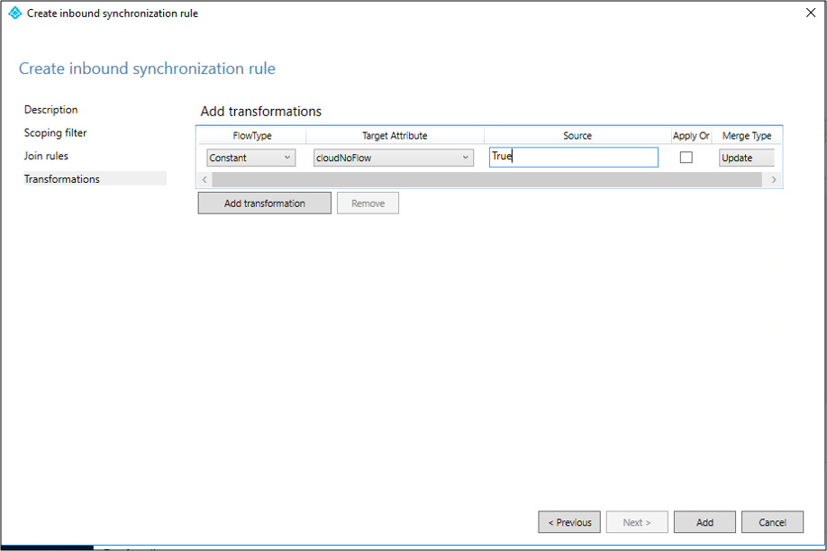 Screenshot, der die Transformationen der Synchronisierungsregel zeigt.