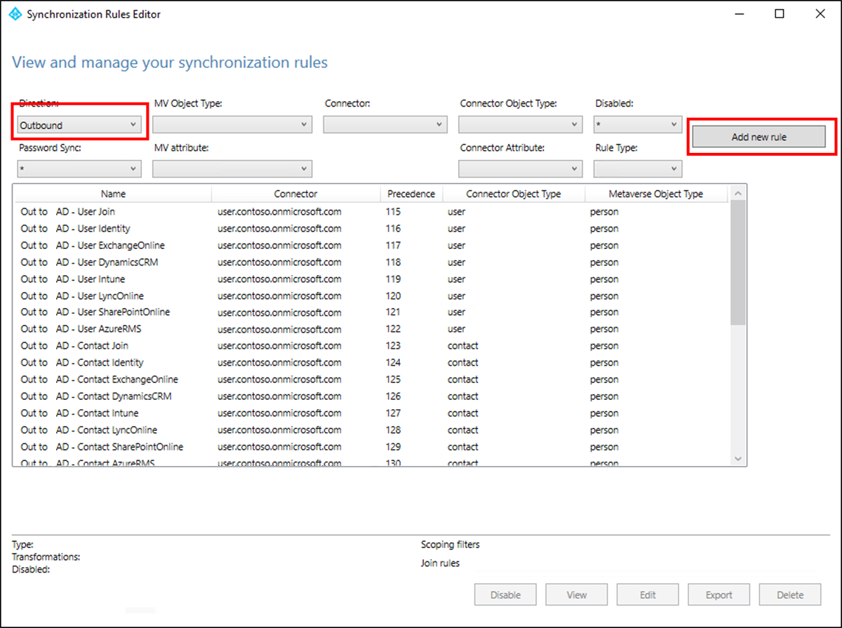 Screenshot der Regeln für die ausgehende Synchronisierung.