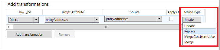 Screenshot des Abschnitts „Transformationen hinzufügen“ mit dem geöffneten Dropdownmenü „Zusammenführungstypen“.