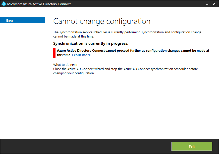 Screenshot shows Cannot change configuration error message.