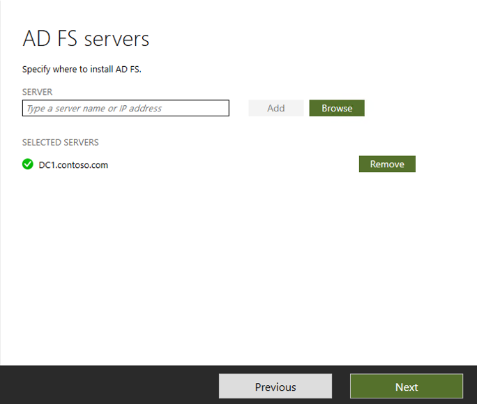 Screenshot, der zeigt, wo Ihr AD FS-Server ausgewählt werden kann.
