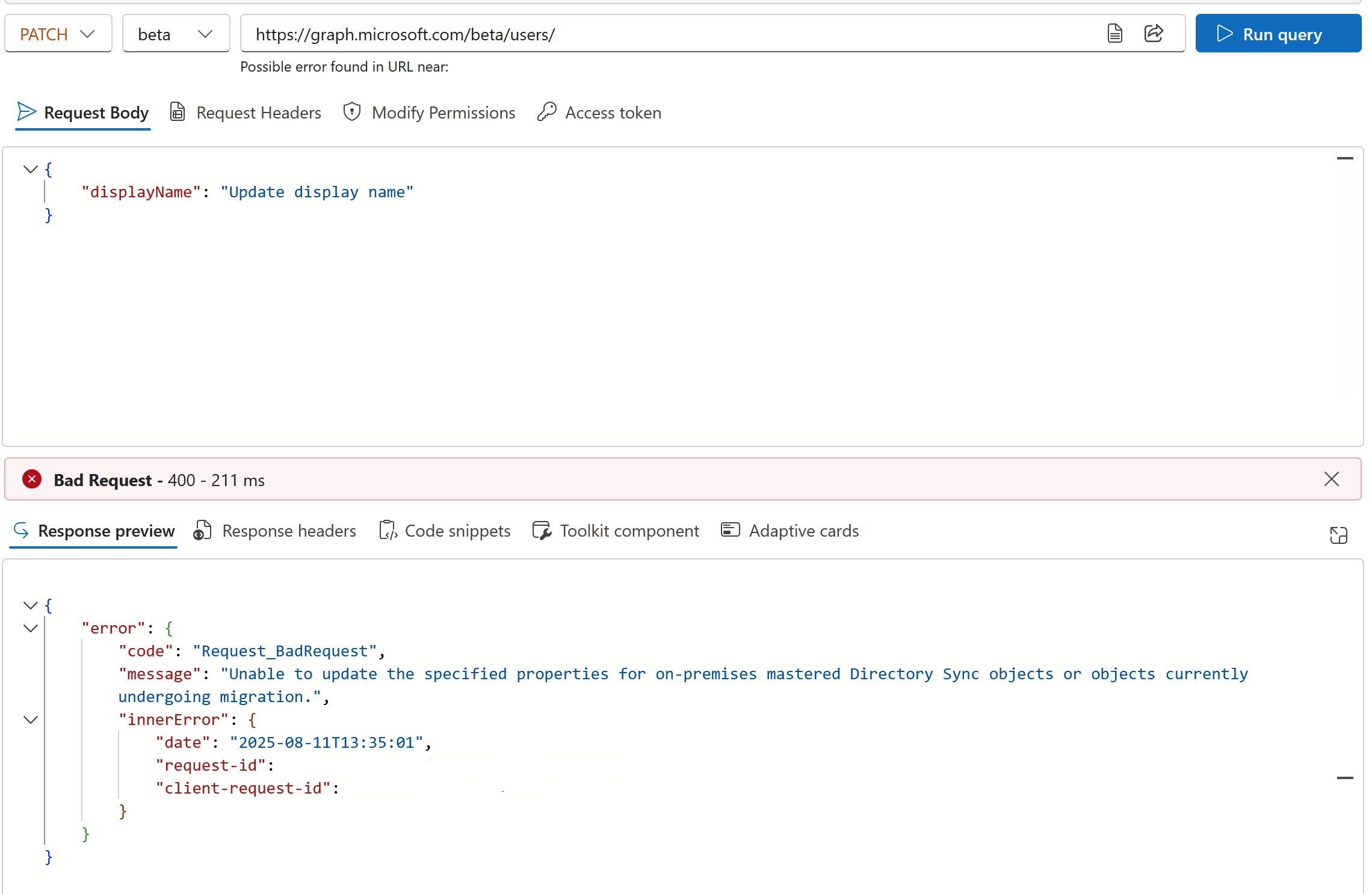 Screenshot eines Versuchs, einen Benutzer zu aktualisieren, um zu prüfen, ob der Benutzerzugriff schreibgeschützt ist.