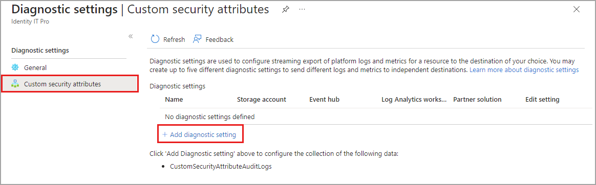 Screenshot der Seite mit benutzerdefinierten Sicherheitsattributen für Diagnoseeinstellungen.