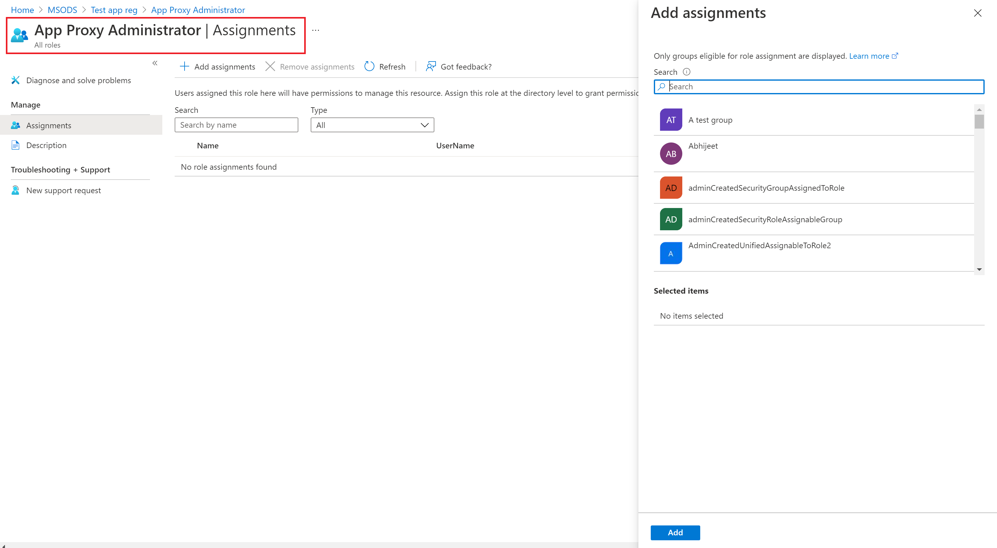 Hinzufügen einer Rollenzuweisung im Bereich einer App-Registrierung in Rollen für App-Registrierungen in Microsoft Entra ID.