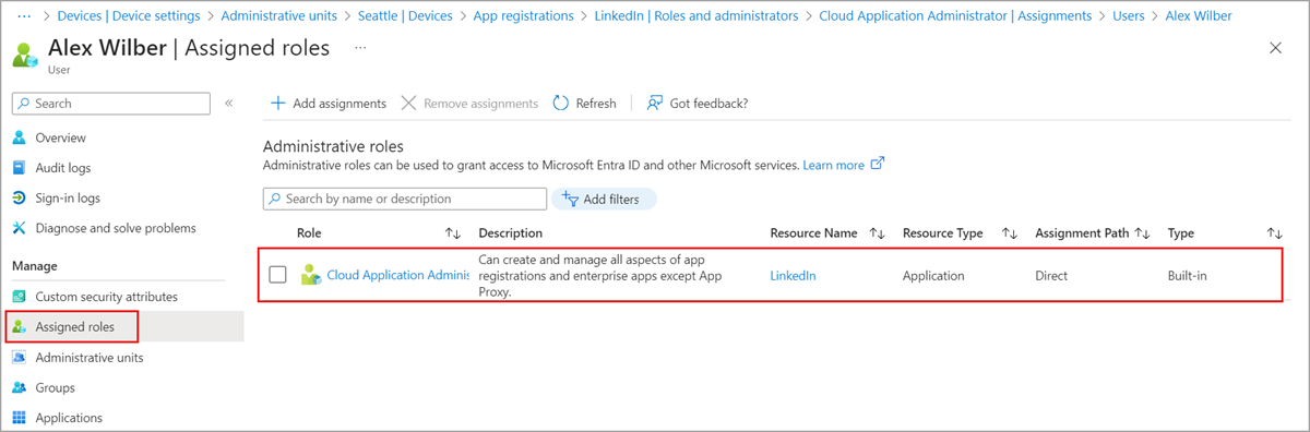 Dem Benutzer zugewiesene Rolle im Bereich einer App-Registrierung in Microsoft Entra ID.