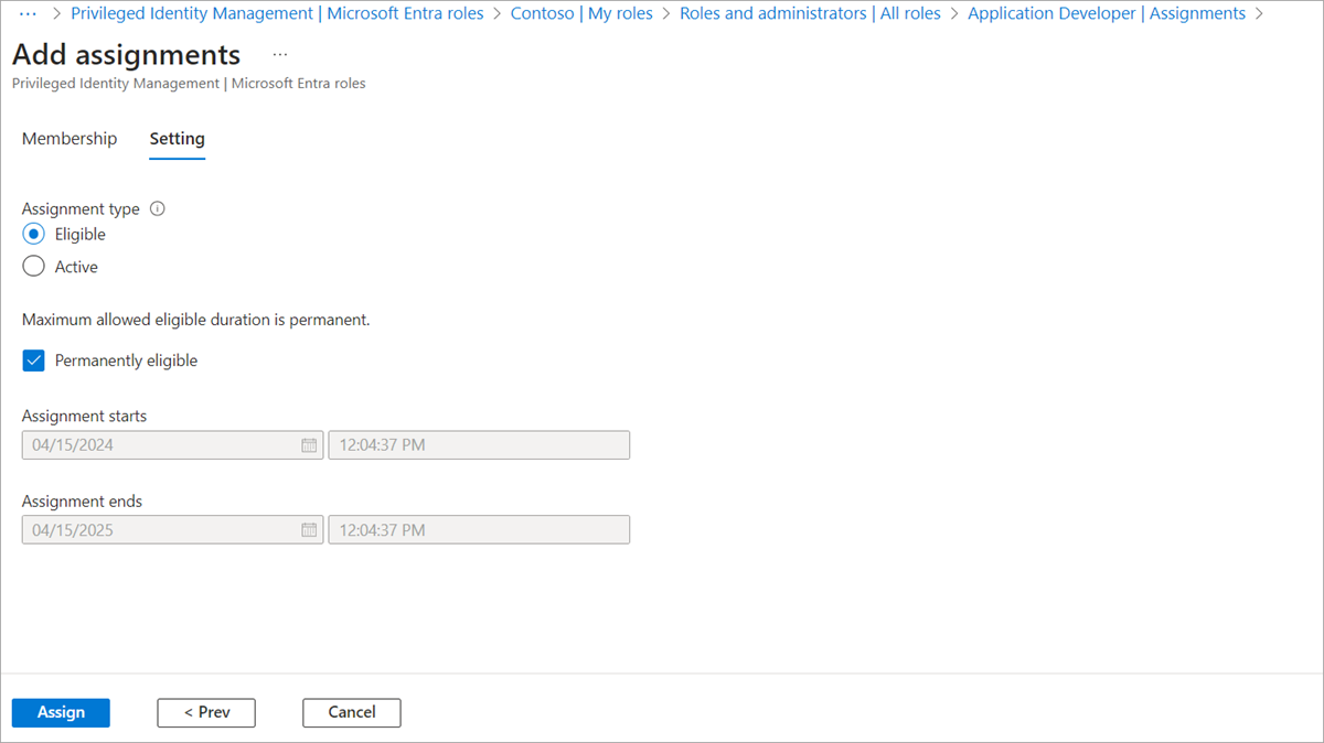 Screenshot der Seite „Zuweisungen hinzufügen“ und Registerkarte „Einstellung“, wenn PIM aktiviert ist.