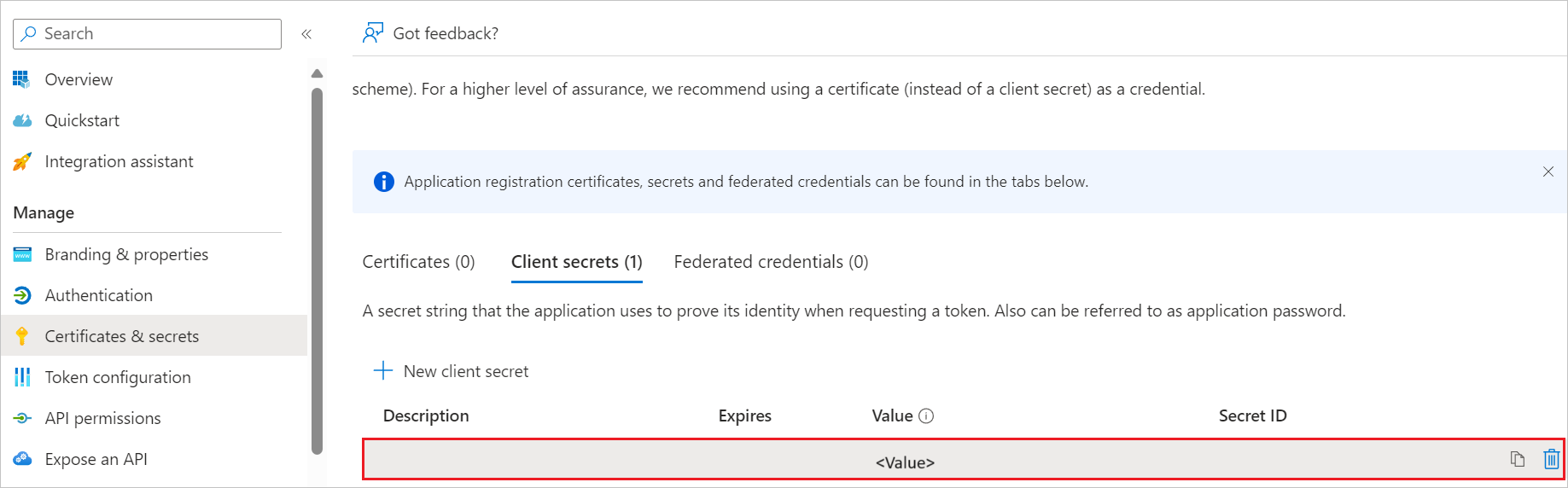 Screenshot, der zeigt, wie ein geheimer Clientschlüssel hinzugefügt wird.