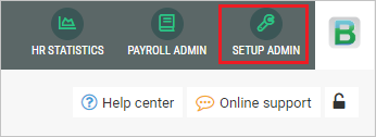 Screenshot der BitaBIZ-Verwaltungskonsole mit hervorgehobener Option „Setup admin“ (Administrator festlegen)