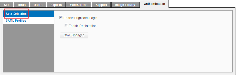 Screenshot der Registerkarte Authentifizierung auf Brightidea, auf der „Auth Selection“ ausgewählt ist.