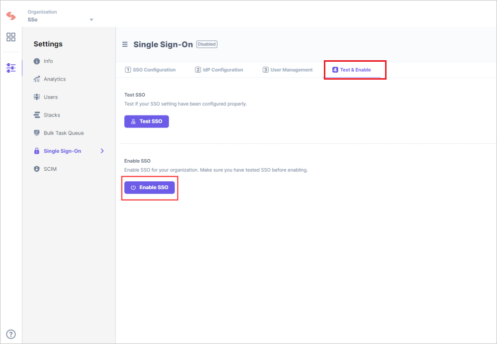 Testen Screenshot: Abschnitt zum Aktivieren des Tests.