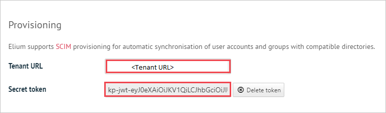 Tenant URL and Secret token fields in Elium