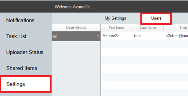 Screenshot der Seite „Settings“, auf der die Registerkarte „Benutzer“ ausgewählt ist