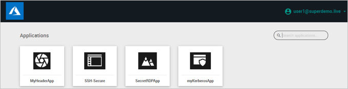 Screenshot des Bildschirms „Applications“ (Anwendungen) mit Symbolen für MyHeaderApp, SSH Secure, SecretRDPApp und myKerberosApp.