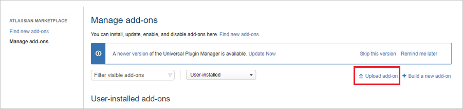 Screenshot: Abschnitt „Manage add-ons“ (Add-Ons verwalten), in dem der Link „Upload add-on“ (Add-On hochladen) hervorgehoben ist