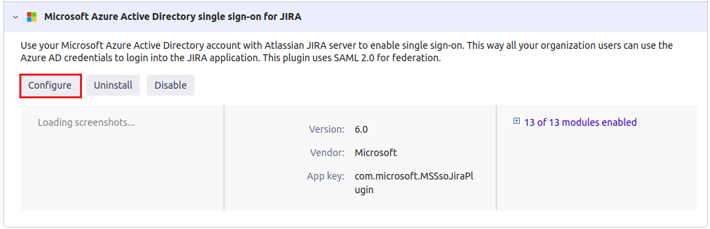 Screenshot: Abschnitt „Microsoft Entra SAML Single Sign-on for Jira“ (Microsoft Entra-SAML-SSO für Jira) mit Auswahl von „Configure“ (Konfigurieren).